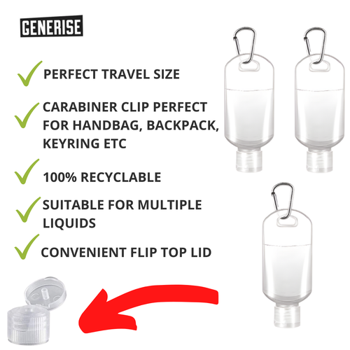 50ml Empty Refillable Bottle with Flip Lid & Keyring Clip Hook