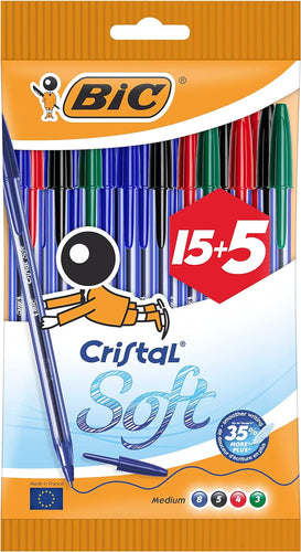 Bic Cristal Soft Ballpoint Pens Medium Tip - 1.2 mm - Assorted Colours - 20 Pack