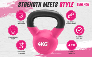 Generise 4kg Kettlebell - Cast Iron with Neoprene Coating Cover In Pink - Gym & Home Workout