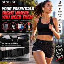 Load image into Gallery viewer, Generise Double Pocket Running Waist Belt – Black | Adjustable Running Phone &amp; Essentials Holder