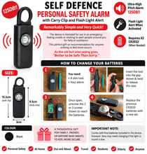 Load image into Gallery viewer, Self Defence Personal Safety Alarm 125dB with LED Flash Light &amp; Carry Clip – Black