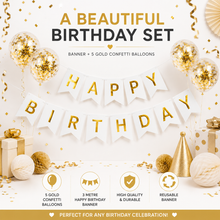 Load image into Gallery viewer, Happy Birthday Banner with 5 Gold Confetti Balloons Set - 2 Colour Options