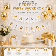 Load image into Gallery viewer, Happy Birthday Banner with 5 Gold Confetti Balloons Set - 2 Colour Options