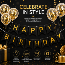 Load image into Gallery viewer, Happy Birthday Banner with 5 Gold Confetti Balloons Set - 2 Colour Options