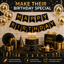 Load image into Gallery viewer, Happy Birthday Banner with 5 Gold Confetti Balloons Set - 2 Colour Options