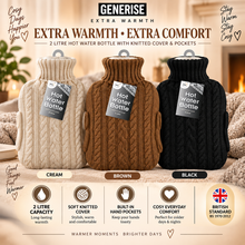 Load image into Gallery viewer, Generise EXTRA WARMTH 2 Litre Hot Water Bottle with Knitted Cover &amp; Hand Pockets