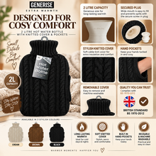 Load image into Gallery viewer, Generise EXTRA WARMTH 2 Litre Hot Water Bottle with Knitted Cover &amp; Hand Pockets