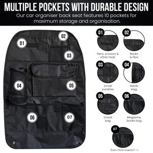Car Seat Multi Pocket Organiser - Black Nylon, Free UK Delivery