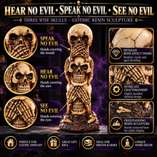 Load image into Gallery viewer, Puckator Three Wise Skulls Totem Ornament – Hear No Evil, Speak No Evil, See No Evil Gothic Resin Sculpture