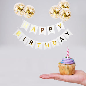 Happy Birthday Banner with 5 Gold Confetti Balloons Set - 2 Colour Options