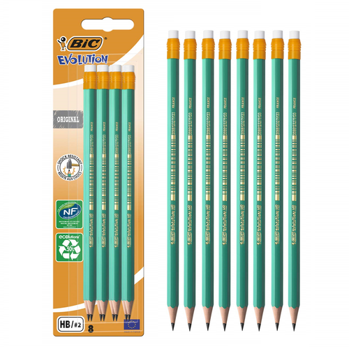 BIC Evolution Original, Erasable HB Graphite Pencils with Eraser - Pack of 8