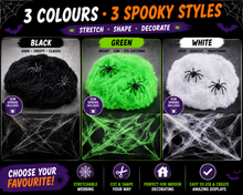 Load image into Gallery viewer, Halloween Spider Webs - Includes 10 5cm Spiders Per Web – Black, Green &amp; White