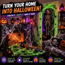 Load image into Gallery viewer, Halloween Spider Webs - Includes 10 5cm Spiders Per Web – Black, Green &amp; White