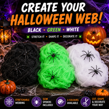 Load image into Gallery viewer, Halloween Spider Webs - Includes 10 5cm Spiders Per Web – Black, Green &amp; White