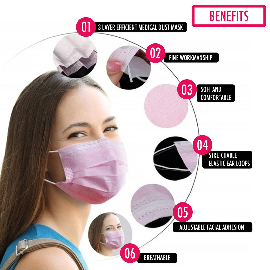 Generise Pink 3-Ply Disposable Face Masks – Pack of 50 – EN149:2001 Certified – Free UK Postage