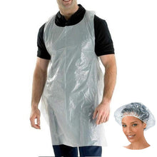 Load image into Gallery viewer, 100 White Disposable Plastic Aprons with Optional 5 Clear Disposable Protective Hair Covers