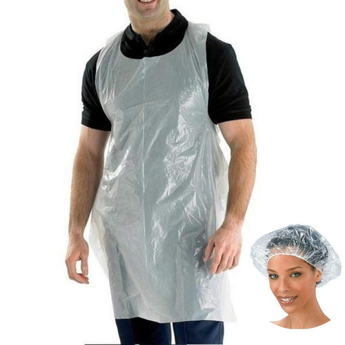 100 White Disposable Plastic Aprons with Optional 5 Clear Disposable Protective Hair Covers