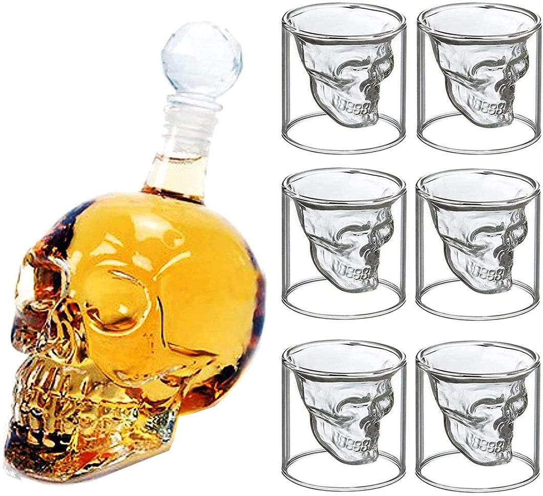 Generise Skull Decanter 700ml or 350ml with x6 Skull drinking glasses 75ml