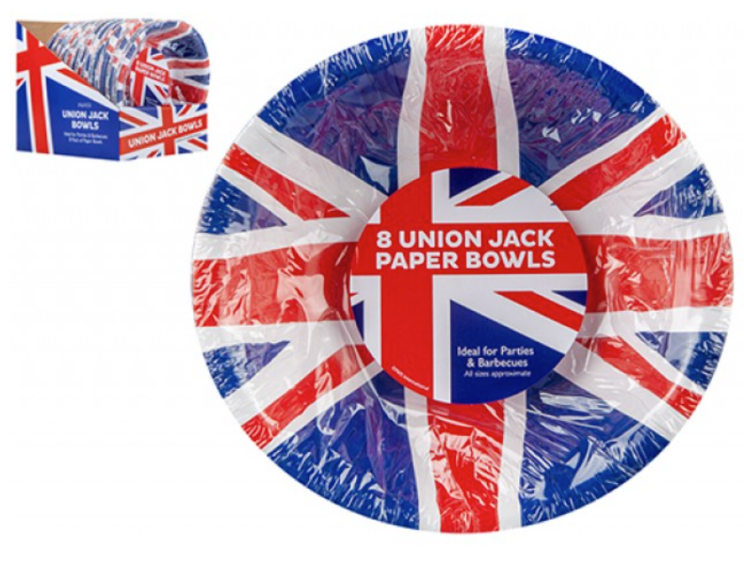 Union Jack Printed Paper Bowls 8 Pack - 19cm