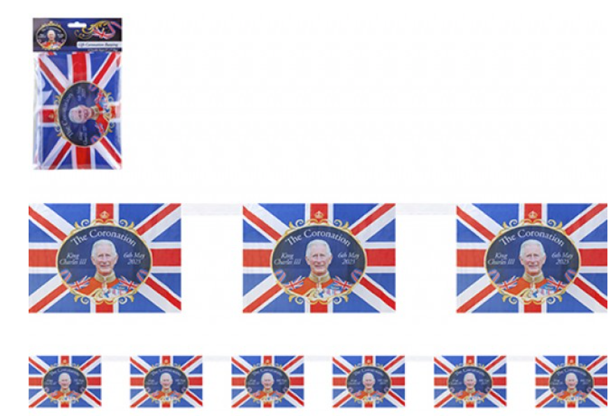 Prince Charles Kings Coronation Union Jack Rayon Bunting 12ft - 8 Flags