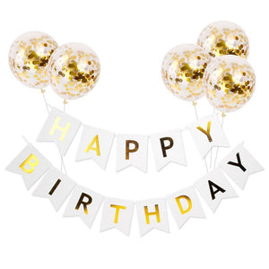 Happy Birthday Banner with 5 Gold Confetti Balloons Set - 2 Colour Options